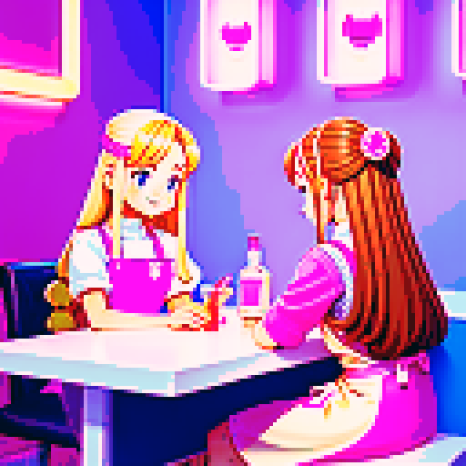 A nail tech with long blonde hair wearing a pink apron and a girl with brown hair sitting and facing each other at a table in a nail salon. Nail polish bottles and UV lamps