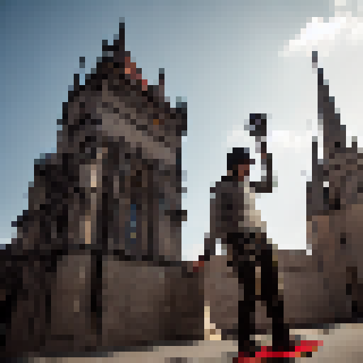 Broke man, skateboard in hand, clad in medieval armor, surrounded by towering gothic architecture, with a dragon perched atop a nearby turret, determined to pull off a sick trick.