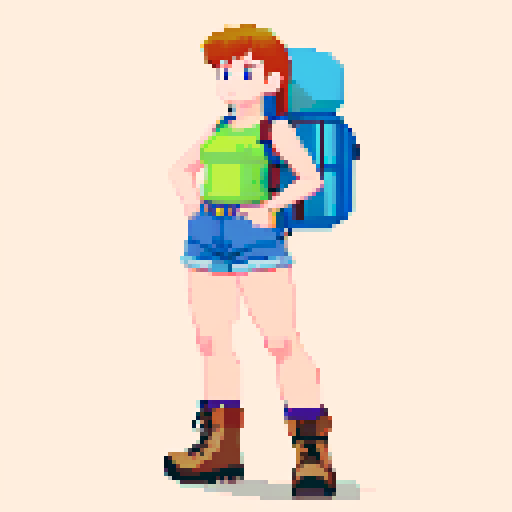 Full body image of a female character wearing tank top, unbuttoned short sleeve shirt, jean shorts, hiking boots, and backpack