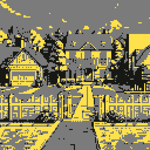 Small suburban american house, with driveway and lawn, legend of Zelda isometric perspective, tile based art, 8x8 tiles, pixel art
