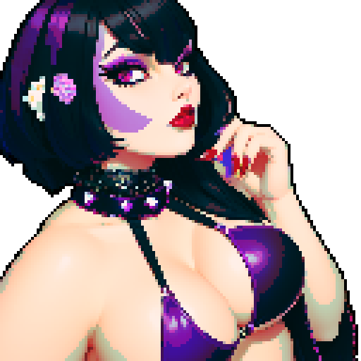 curvy, cute goth woman's face, black hair, purple eyeshadow, red lipstick, studded leather string bikini, face portrait, beauty photo, vibrant sRGB colors, pixel art