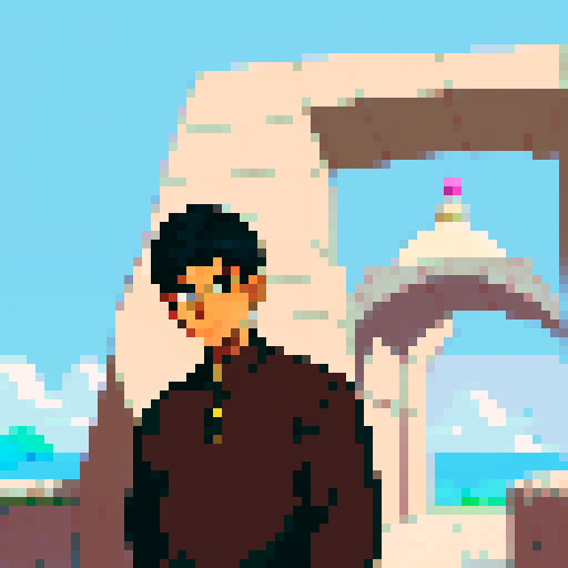 Indian boy with a slightly pointed chin and a warm, friendly smile, warm and medium-tan complexion, large and dark brown eyes with long, dark eyelashes, thick and dark brown eyebrows with a slight arch, medium-sized and slightly rounded nose, wide and expressive mouth with slightly upturned corners, short and black hair with a slight wave, character portrait, close up, anime style, pixel art