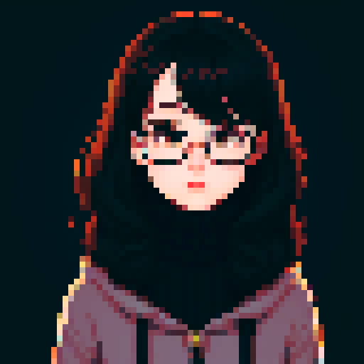 portrait, sprite art, young shy woman, cozy, cute, dark hair, dark eyes, neutral, curious, autistic, nerd