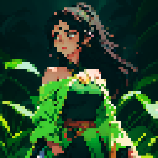 Young woman, black hair, long hair, green costume, Thai costume, open shoulder costume, night time, banana forest background, dark background