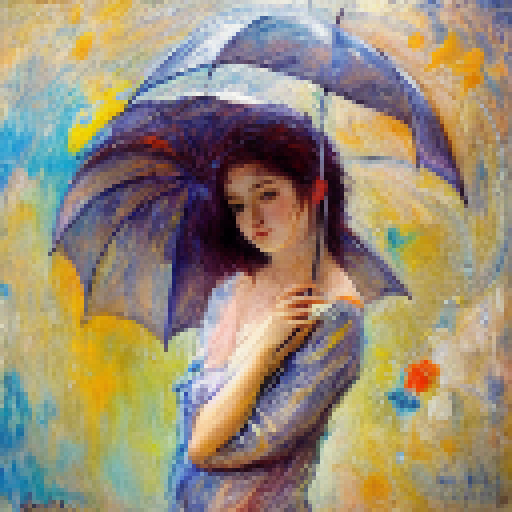 abstract concept art, art nouveau,impressionism,illustrious ,rainyday,umbrella 18 yo girl looking wet flower,black hair