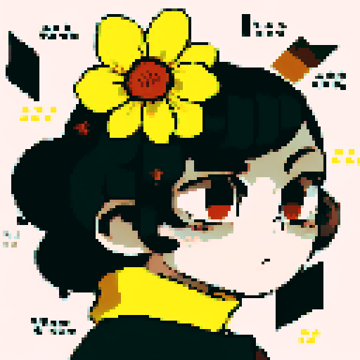 Cute Indian girl with big brown eyes, wearing a yellow flower in her hair, in a close-up pixel art portrait with an anime style