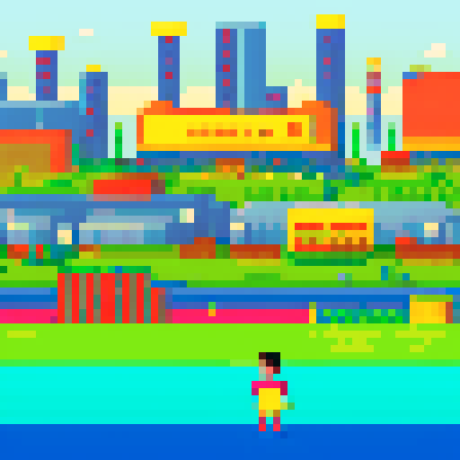 The optimistic future in the background to the right with bright colors and technology, with decaying factories in the foreground to the left with a person on the left side staring off at the future, with the bad of their head to the audience.