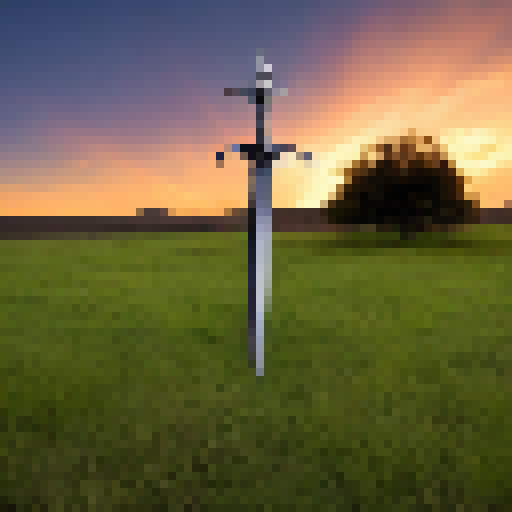 an giant sword stuck on plains of grass, with a beautiful sunset behind