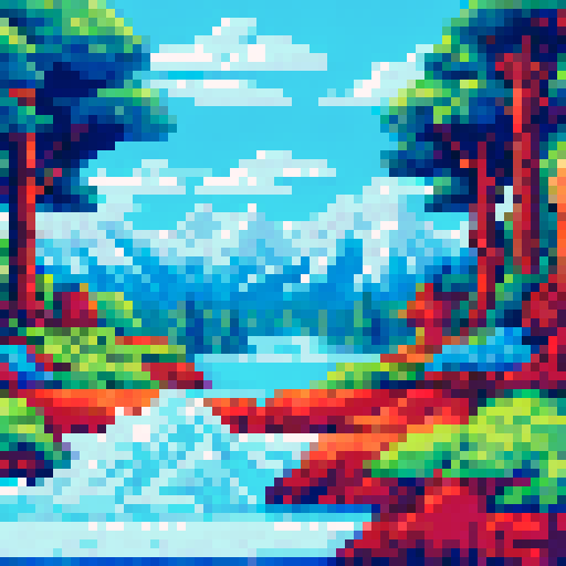Snow-capped peaks towering over pine forests and frozen lakes, with a cozy cabin nestled in the valley, all rendered in a vibrant, pixelated art style on an sRGB background
