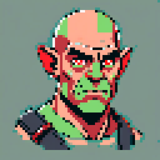 portrait, male orc, bald, red eyes, green skin, shoulders up, pixel art