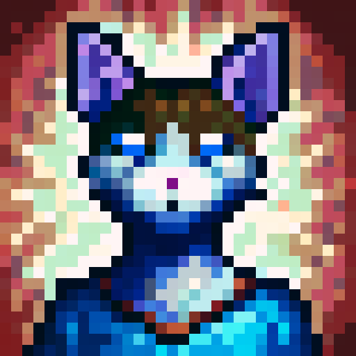 silly cat, game icon, 32x32 pixel art, sRGB, skill art, close up, portrait, vibrant colors, mischievous expression, exaggerated whiskers, playful background, cartoonish style