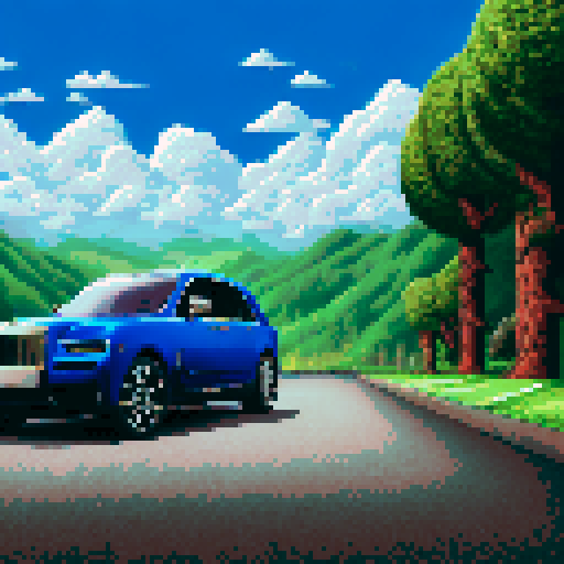 Photorealistic whole Rolls Royce Cullinan, centered, three-quarter view, right front wheel, clean background, sRGB colors, pixel art style