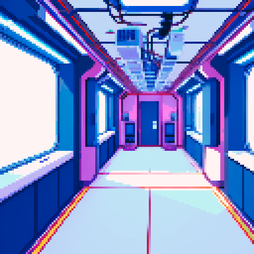 Spaceship interior hallway with computers and wiring in the walls. Topdown style