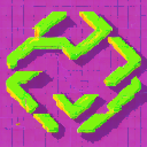 A neon purple, glowing circuit board with intricate lines and sharp angles, , all set against a sleek, black grid pattern background, reminiscent of an abstract, top down view, 2D, pixel perfect