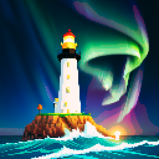 white lighthouse standing tall, vibrant aurora dancing in the sky, sparkling sea waves