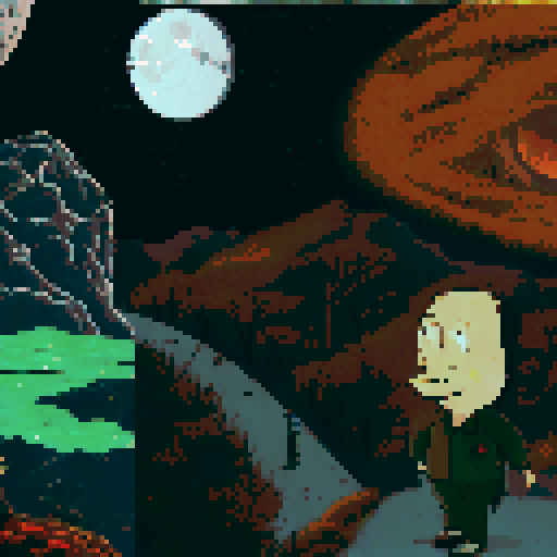 the main protagonist, gurney as seen in the bottom right is on a hill looking over a desolate area with sparse plant life up in flame. We see the back of his head, with his square jaw and a cigarette in his mouth. in the distance is a large laboratory, which has smoke coming out of it and a hole in the top. The sky is full of starts, a moon and a distant alien planet. Gurney must be present with his distinct head seen in the reference image, his green top dark brown pants