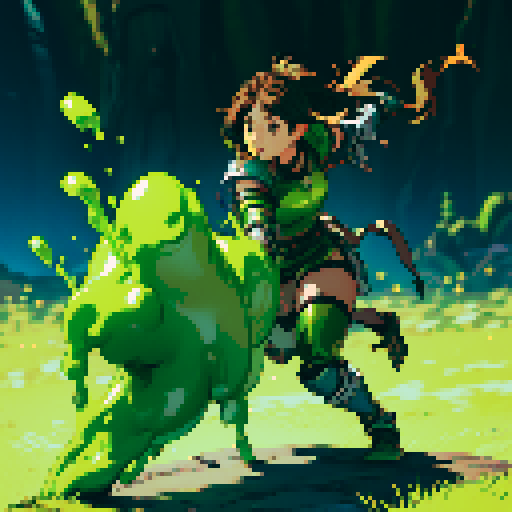 slime slamming into a hero, impact, splattering, full-body image, hero has brown hair and metal armor, slime is green