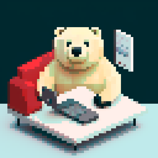 Create a polar bear who is a crypto investor. He is very rich wears jewelry and designer clothes. He is on his phone in his luxury home.