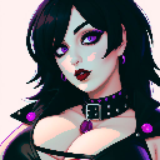 curvy, cute busty goth woman's face, whole head portrait, black hair, purple eyeshadow, red lipstick, low cut leather halter top, studded collar, vibrant sRGB colors, pixel art, NES style