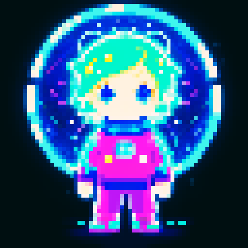 Space creature galactic chibi boy of the stars, vibrant colors, adorable expression, large anime eyes, spherical body with pixelated details, glowing neon outlines, shining starry backdrop