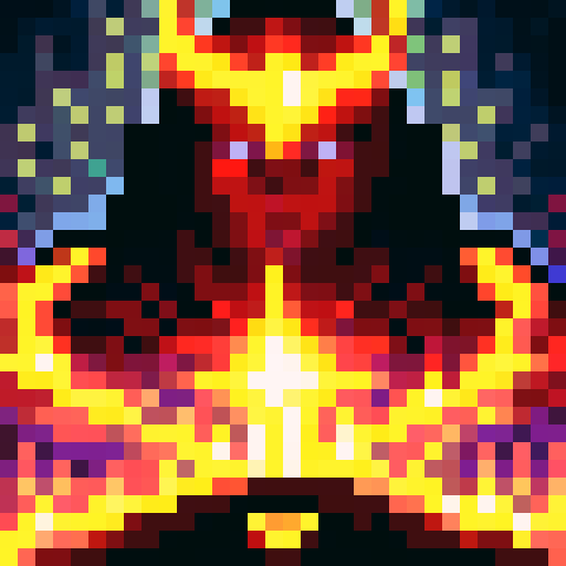 Warlock casting a fiery spell with glowing eyes and intricate runes, depicted in a pixel art close-up portrait with a dark, ominous background for a game icon.