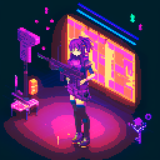  Mage anime girl with flowing hair, fluorescent tattoos, and a pixelated sniper rifle, navigating through a purple neon-lit night market and an sRGB glow