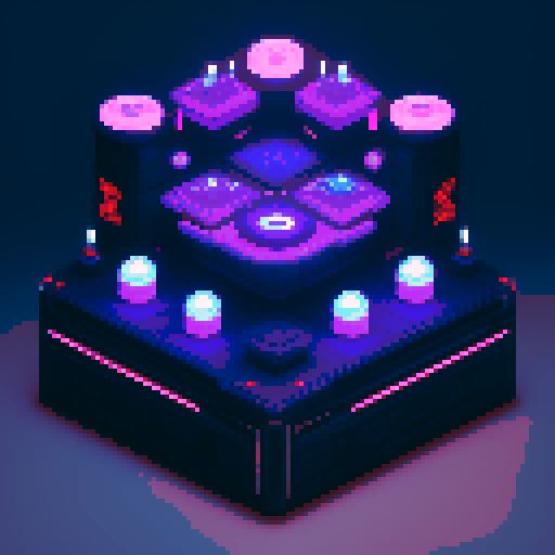futuristic 4 tier lootbox, glowing buttons, silver box center, intricate details, pixel art style, sRGB