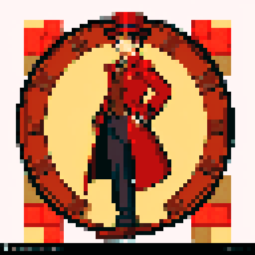 steampunk young man, red coat, red hat, 2D game stance, pixel art, sRGB