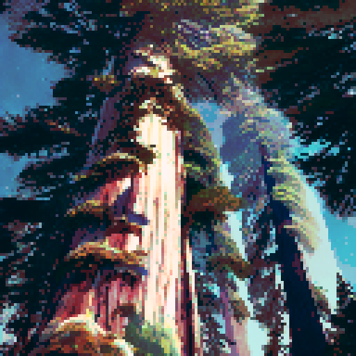 male adult, grey jacket, enormous sequoia tree, majestic, snowy sequoia forest, pixel art, sRGB