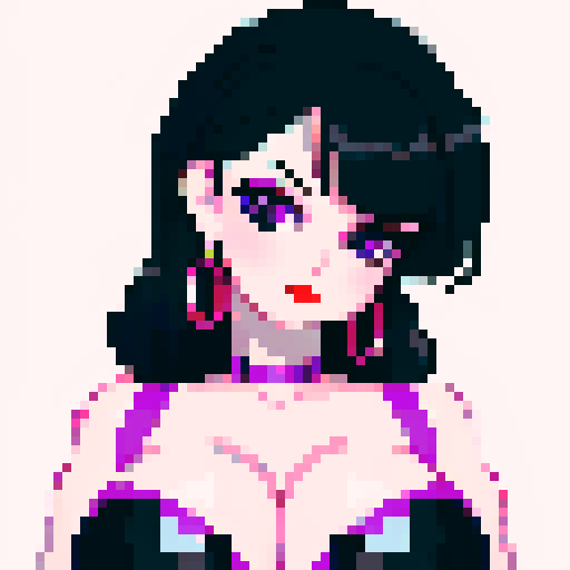 curvy, cute goth girl with black hair, purple eyeshadow, and red lipstick, wearing a bikini, in a glamour shot, with pixel art and sRGB style