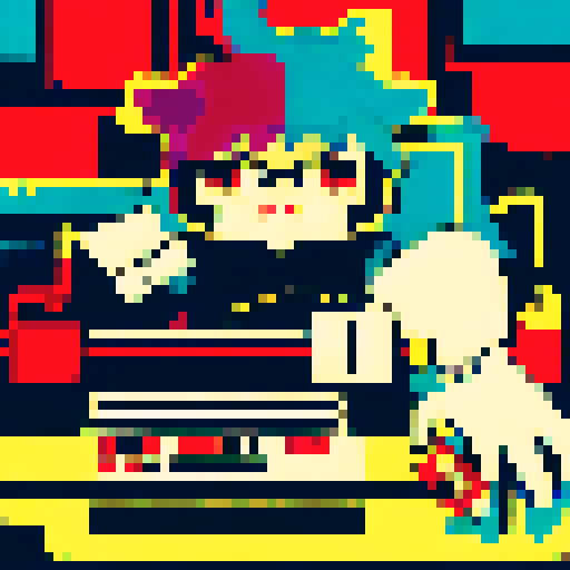 Hacker typing furiously on a retro computer, surrounded by neon lights and futuristic technology, with a pixel art cityscape in the background