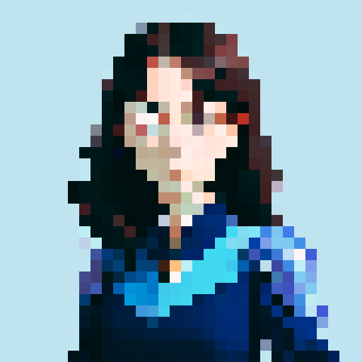 face forward, western style, only blue colors, portrait avatar, woman with shoulder length dark hair, looking at the camera, close up