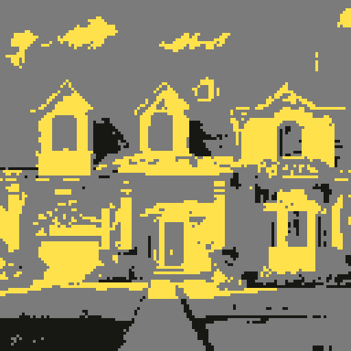 Suburban mansion, front view, symmetrical design, towering structure, pixelated windows, pristine lawn, straight path to door, low-resolution details, sRGB color palette