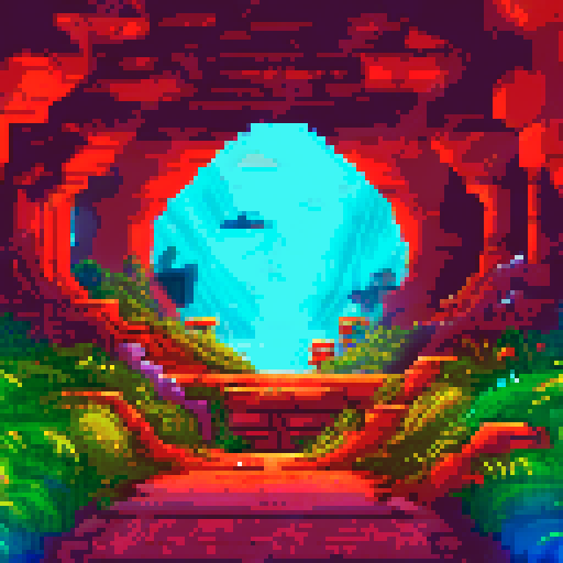 Dark, damp cave with uneven walls and stalactites, ancient inscriptions and drawings, deep rock tunnel, faint light, sRGB, pixel art, background, landscape