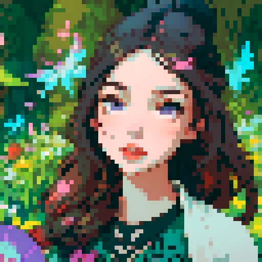 woman with flowing, vibrant hair adorned with flowers, holding a paintbrush and palette, surrounded by a whimsical garden filled with pixel art butterflies and glowing mushrooms