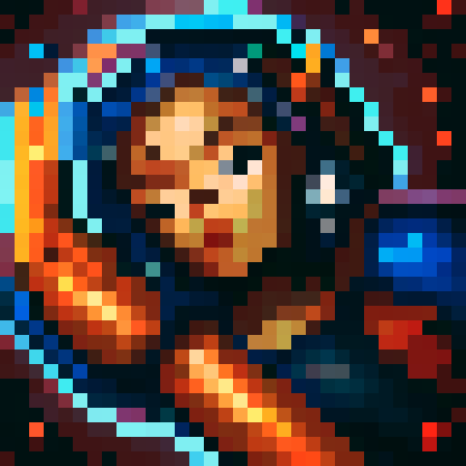 A female bounty hunter, mid-30s, 5'7", athletic build, with shoulder-length Midnight Blue (#191970) hair streaked with Royal Blue (#4169E1) highlights. She exudes strength and agility in an action pose with a determined expression. Her armor blends Dark Slate Blue (#483D8B) and Neon Cyan (#00FFFF) highlights, Steel Gray (#B0C4DE) gauntlets and shin guards, with a Charcoal Black (#333333) underlayer. She wields an Energy Blade glowing Electric Blue (#7DF9FF) and a Plasma Gun in Matte Black (#0000