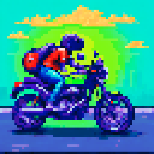 Green punk frog cruising on Harley Davidson bike through sRGB pixelated landscape with neon graffiti background