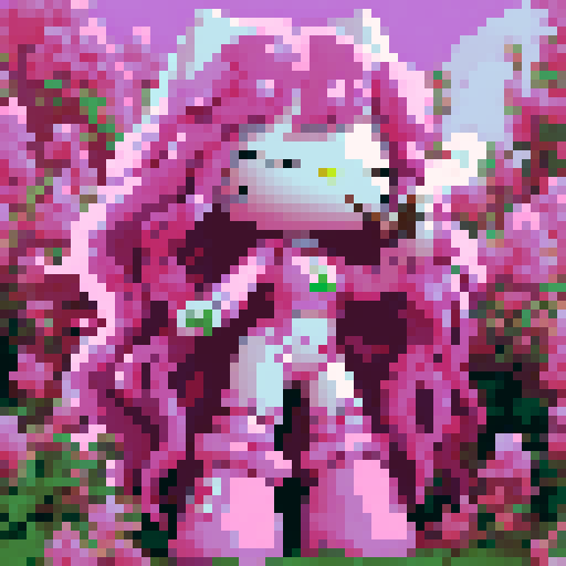 hello kitty smoking a joint with long pink hair bangs, pixel art style hd sanrio hello kitty, field of pink cannabis plants 
