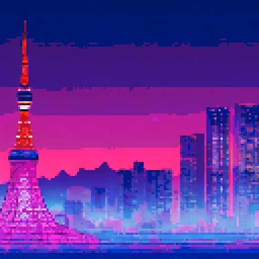 Tokyo tower, illuminated in vibrant pinks and purples, stands tall against the backdrop of a pixel art cityscape, reminiscent of a vaporwave dreamscape Mount Fuji, majestic and serene, completes the sRGB landscape, casting its shadow over the shimmering metropolis