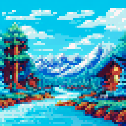 Snow-capped peaks towering over pine forests and frozen lakes, with a cozy cabin nestled in the valley, all rendered in a vibrant, pixelated art style on an sRGB background

