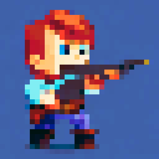 Pixelated character with gun in hand, 