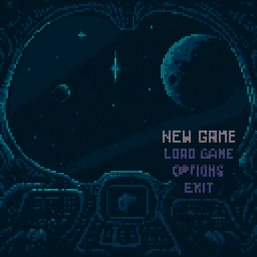 cockpit view of space, spaceship, realistic, alien style, 4 colors palette, game menu screen