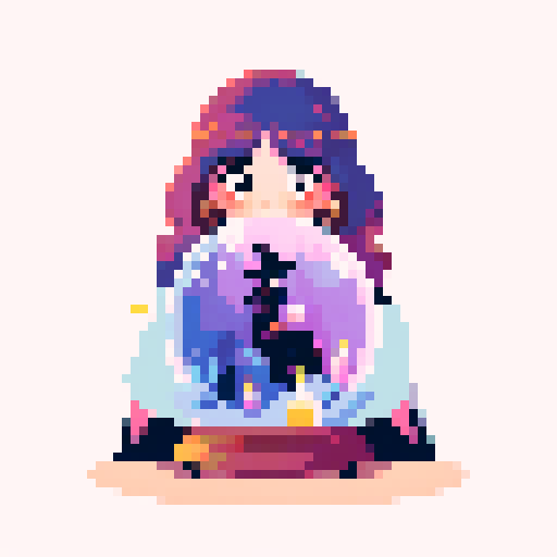 Colorful Illustration of a charming young witch with a boho vibe, reading a crystal ball, viewed from the client's perspective, mystical atmosphere with candles and herbs