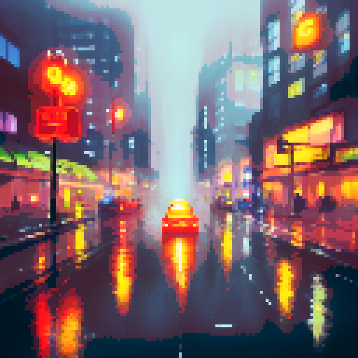 rain-soaked streets, towering skyscrapers, vibrant neon lights, cascading water droplets, misty reflections, umbrella-clad pedestrians, foggy silhouettes, glistening pavement, moody atmosphere, dramatic cityscape