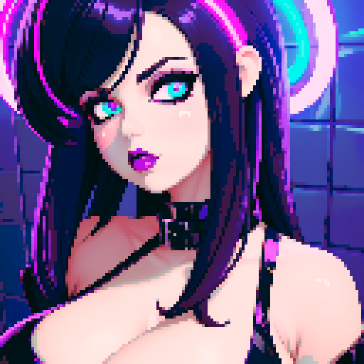 curvy, busty goth girl, close up glamour shot, PVC clothing, neon lighting, modern tile backsplash, vivid colors, pixel art, sRGB