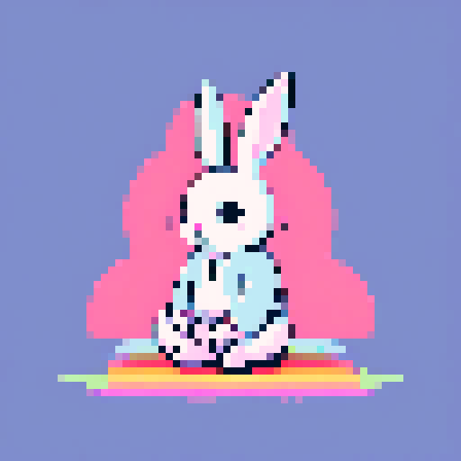 A white rabbit meditating on a rainbow background