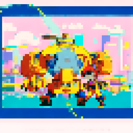 Yellow-skinned Simpsons characters wearing anime-inspired clothing, standing in front of a neon-lit cityscape with giant robot mechs towering behind them