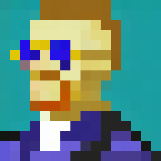 Vincent Van Gogh, king of cryptocurrency, wearing a crown and gold Gucci glasses, adorned in Gucci apparel, captured in a close-up, pixel art portrait with a game icon aesthetic at 16x16 resolution
