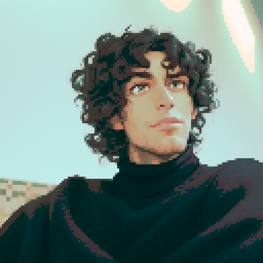 curly-haired man, black bulky turtleneck, cool tone background, pixelated details, vibrant colors, sRGB