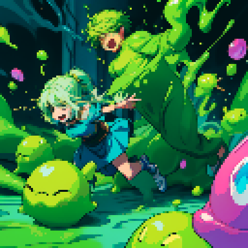 slime surging up around someone, slime engulfing a hero, slime consuming a hero, hero getting engulfed by slime, slime attack, dynamic, slime slamming into someone, impact, splashing slime, full-body image, full-body art